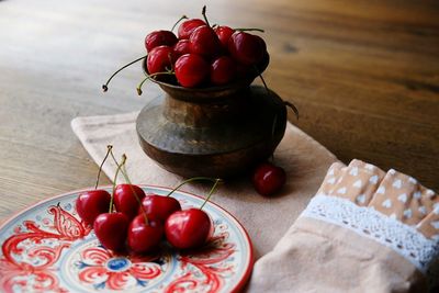 High angle view of cherries in bowl on table