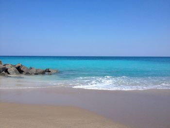 Scenic view of sea against clear blue sky