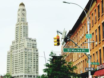 Low angle view of skyscrapers against clear sky