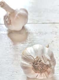 High angle view of garlic bulbs on marble
