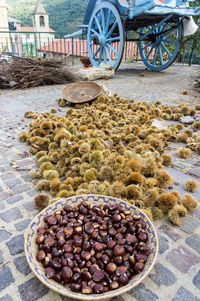 High angle view of fruits in container on street