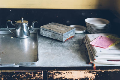 High angle view of various objects on table in restaurant