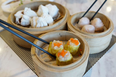 Close-up of dumplings in bowl on table