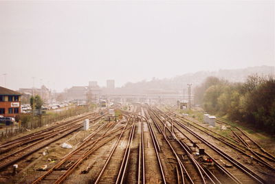 High angle view of railway tracks against clear sky