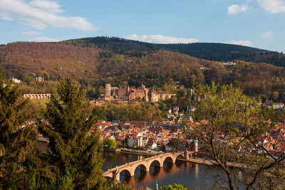 Panoramic view of heidelberg's old town with castle, holy spirit church and old bridge, germany.