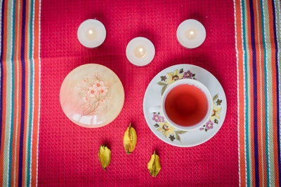 High angle view of drink served on table