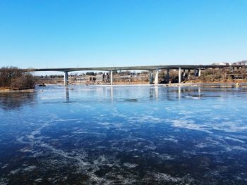 Bridge over river against clear blue sky during winter