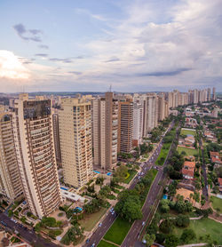 High angle view of buildings against sky