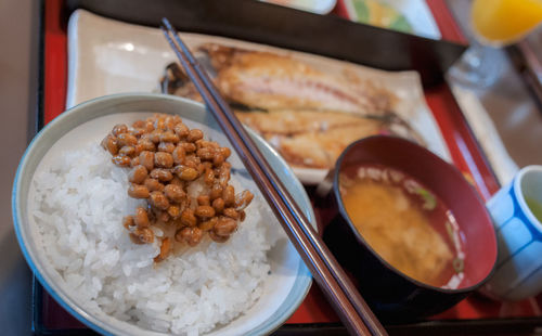 High angle view of breakfast served on table