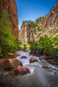 Scenic view of waterfall against sky