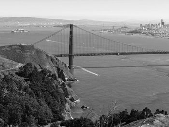 View of suspension bridge over sea