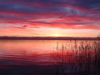 Scenic view of lake against orange sky