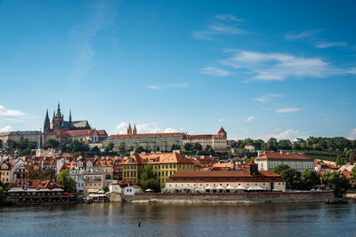 Town by river against blue sky