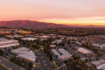 High angle view of townscape against sky during sunset