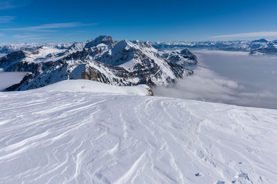 Aerial view of snowcapped mountains against sky