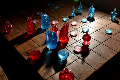 High angle view of bottles on table