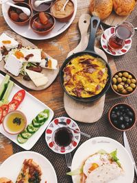 High angle view of meal served on table