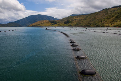 Scenic view of lake by mountains against sky