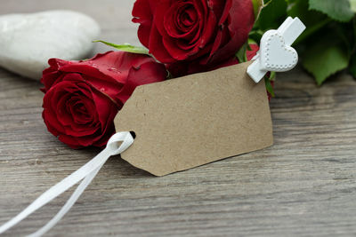 High angle view of rose bouquet on table