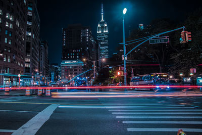 Light trails on road at night