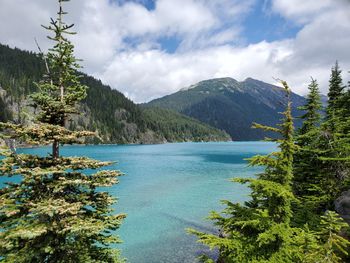 Scenic view of lake and mountains against sky