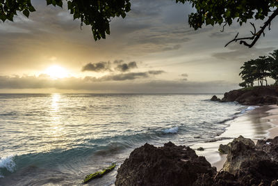 Scenic view of beach against sky at sunset