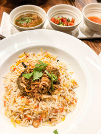 High angle view of meal served on table