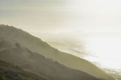 Scenic view of sea and mountains against sky