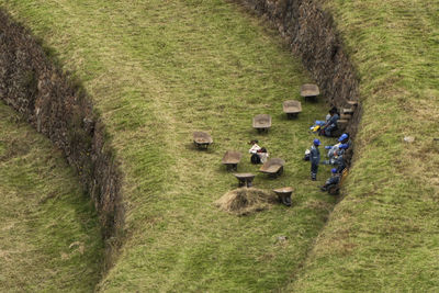 High angle view of people on field