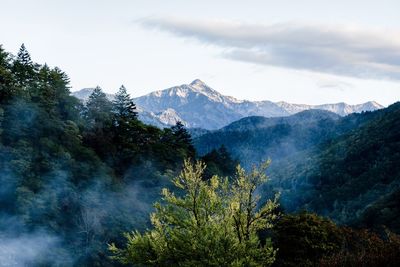 Scenic view of mountains against cloudy sky