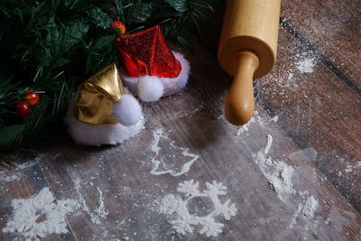 High angle view of christmas decorations on floor