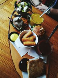 High angle view of food served on table