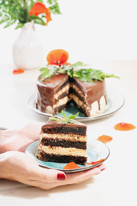 Close-up of hand holding cake