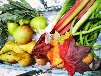 High angle view of fruits and leaves