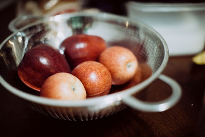 High angle view of fruits in bowl on table