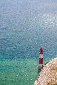 Lighthouse by sea against sky