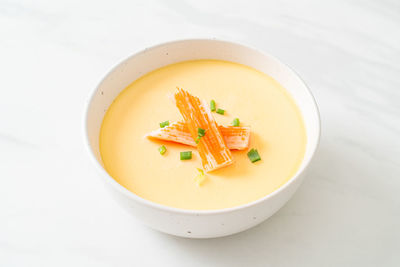 High angle view of soup in bowl on table