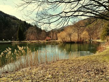 Scenic view of lake against sky during autumn