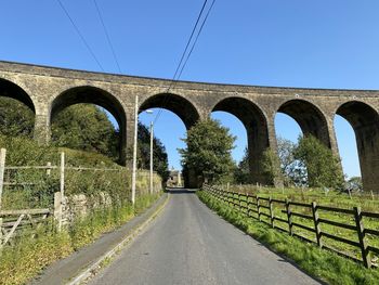 Victorian stone viaduct, set against a vivid blue sky on, alderscholes lane, bradford, yorkshire, uk