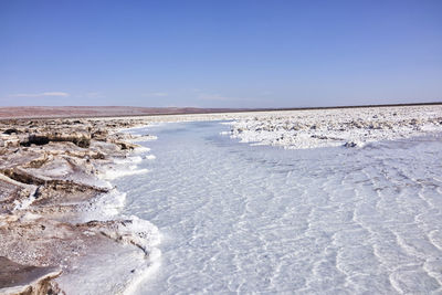 Salt lake at atacama desert against clear blue sky