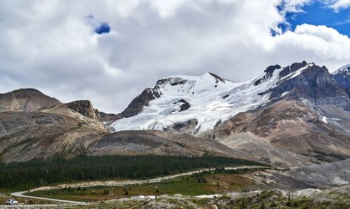 Scenic view of snowcapped mountains against sky