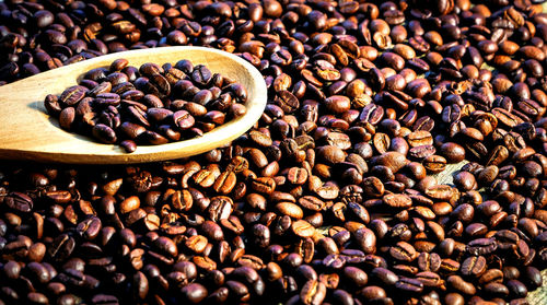 Roasted coffee bean background and texture with wooden spoon