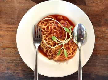 Directly above shot of noodles served in bowl