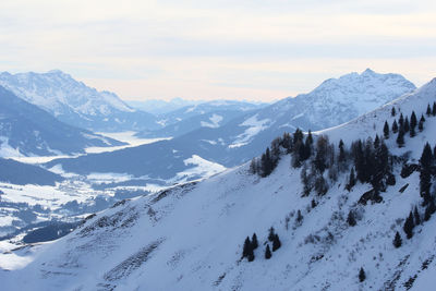 Scenic view of snow covered mountains against sky