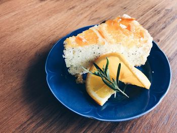 High angle view of bread in plate on table