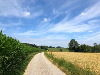 Empty road along agricultural field against sky