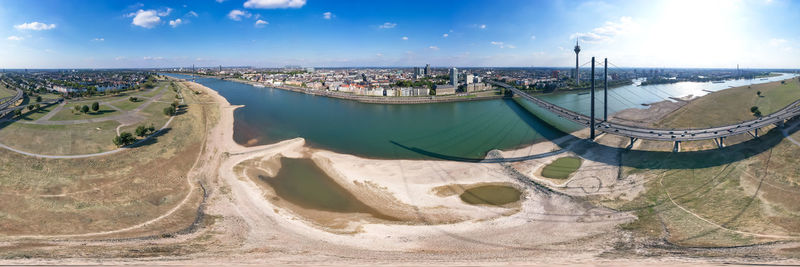 The banks of the rhine in düsseldorf and a bird's eye view of the city