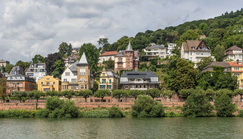 Houses by river in town against sky