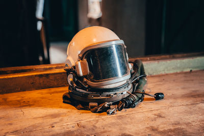 Close-up of helmet on table