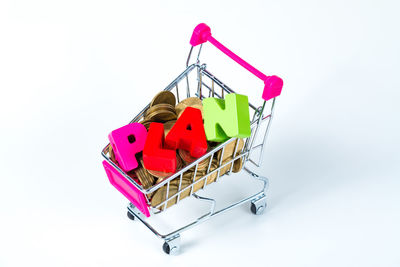 High angle view of multi colored toy against white background